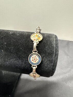 Vintage Silver-Tone Enamel Link Bracelet With Colorful Floral & Bird Motif 7” Le